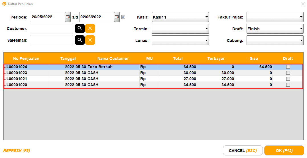 Daftar Transaksi, Void Transaksi dan Reprint Transaksi Kasir Beeaccounting