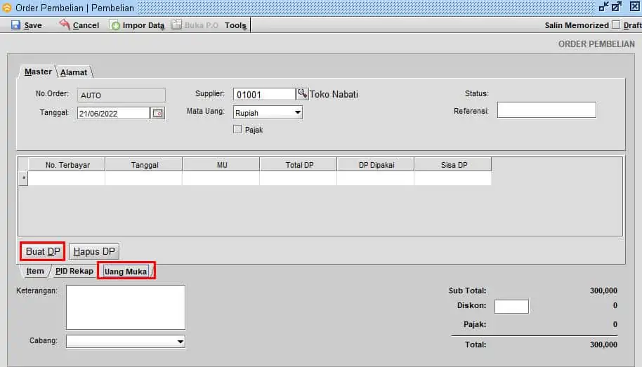 Order Pembelian Dengan DP / Uang Muka di BeeAccounting