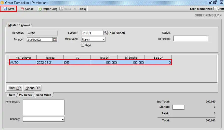 Order Pembelian Dengan DP / Uang Muka di BeeAccounting