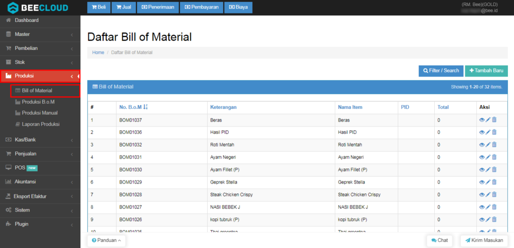 Melihat Laporan Daftar BoM Beecloud