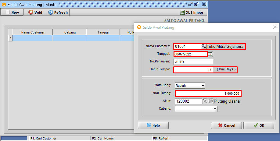 Setting Customer, Tanggal, Jatuh Tempo Dan Nilai Piutang