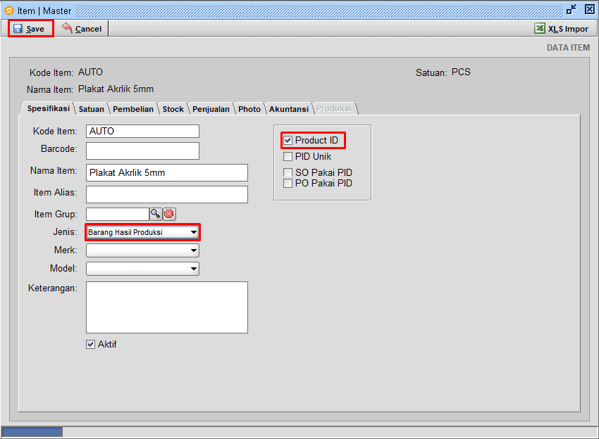 Buat Master Item Pid