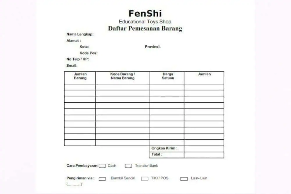 Contoh Format Order Online Shop