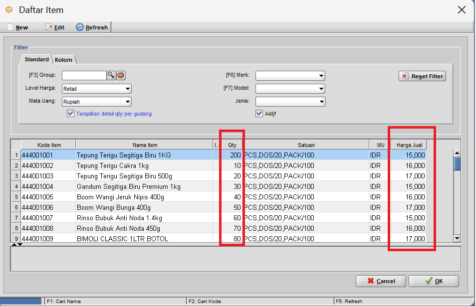 Tampilan Dialog Harga Jual