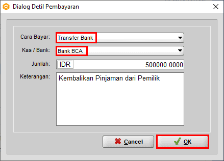 Input Jumlah Pengembalian Uang Pemilik