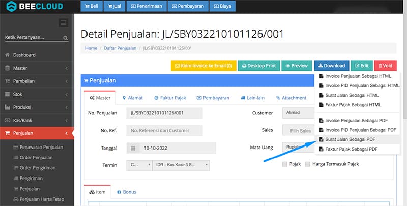 Tampilan di Beecloud Cetak Manifest