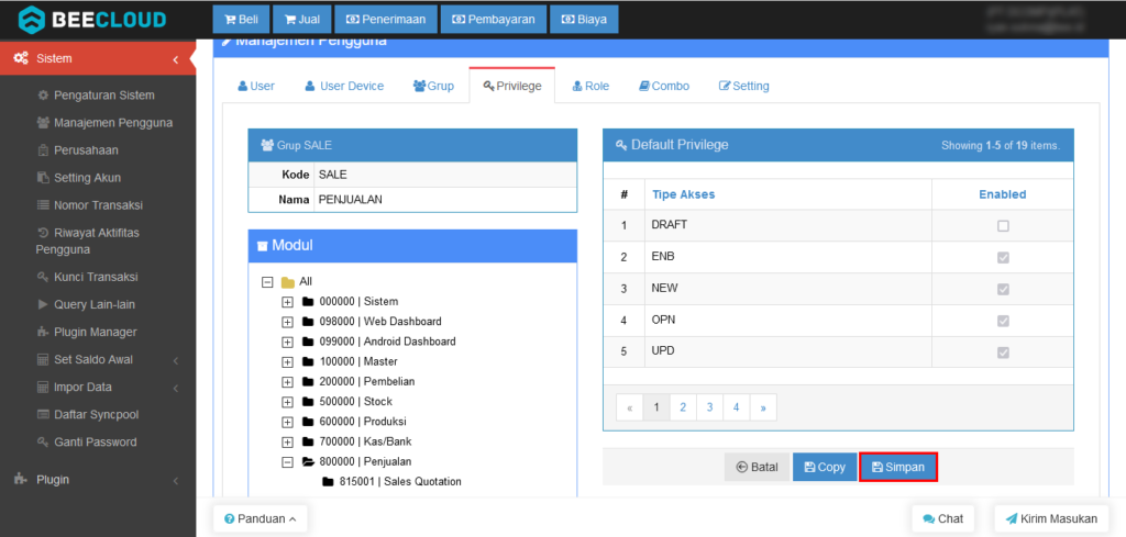 Setting Hak Akses Reprint di Manajemen Pengguna Pada Beecloud