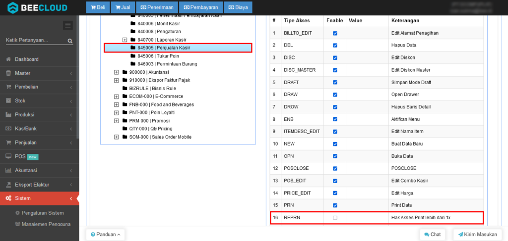 Setting Hak Akses Reprint di Manajemen Pengguna Pada Beepos Desktop