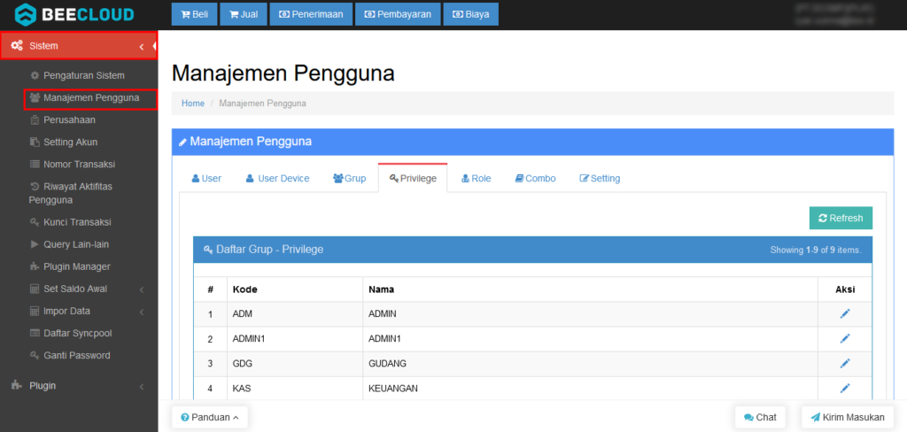 Setting Hak Akses Reprint di Manajemen Pengguna Pada Beecloud