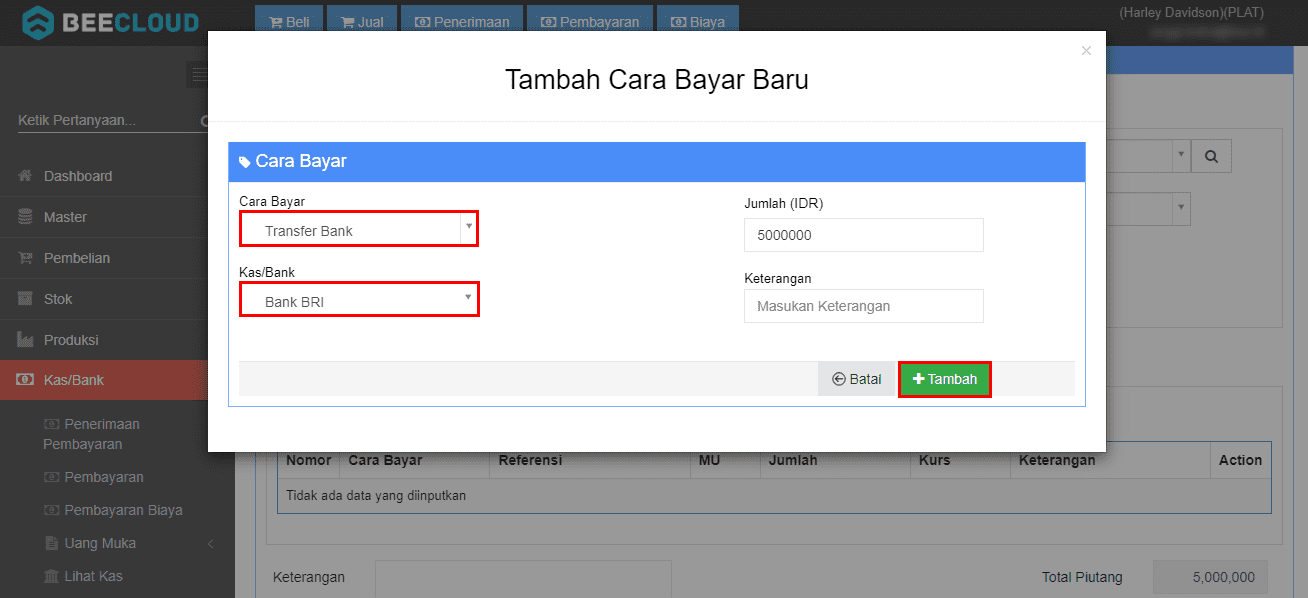 Input Cara Bayar