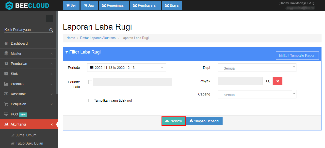 Klik Preview Laporan Laba Rugi