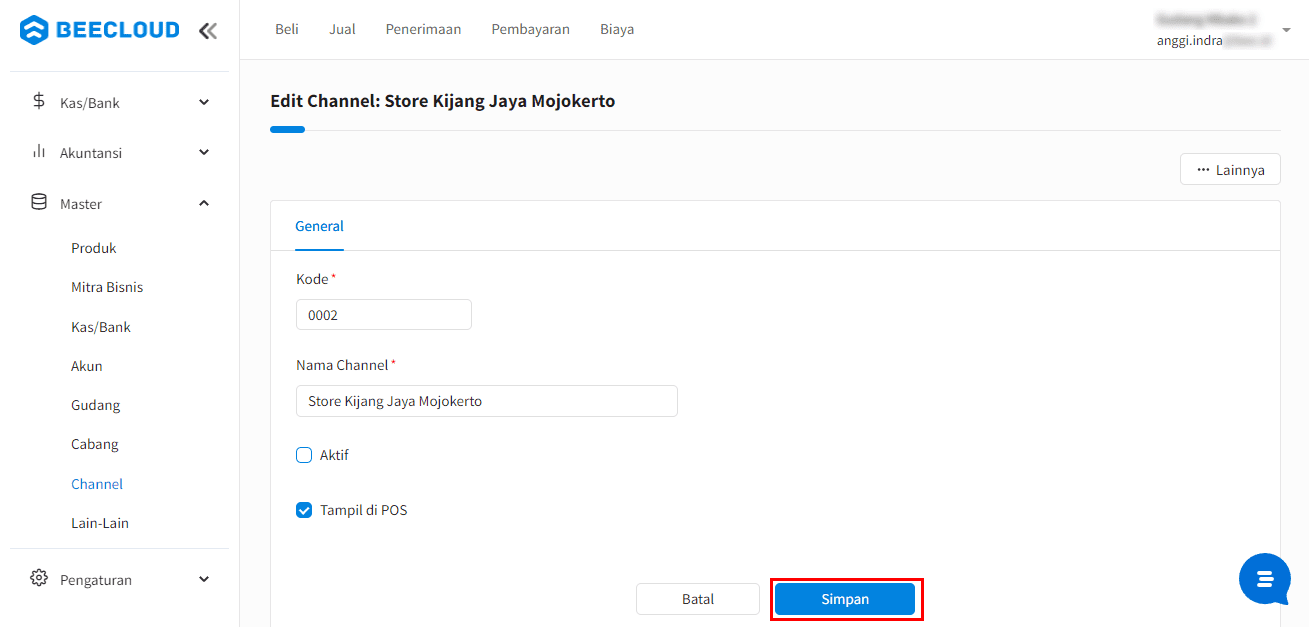 Klik Simpan Master Channel