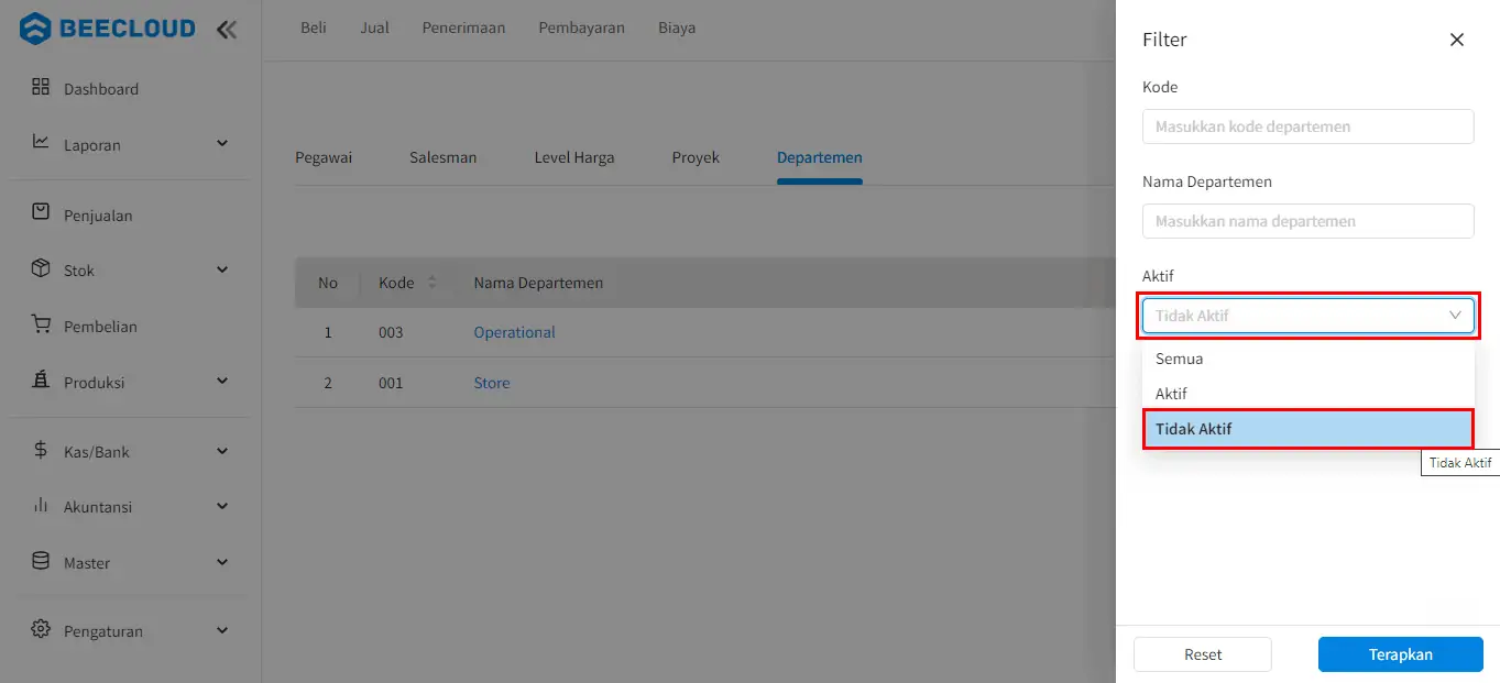 Non-Aktifkan Master Departemen Beecloud 3.0