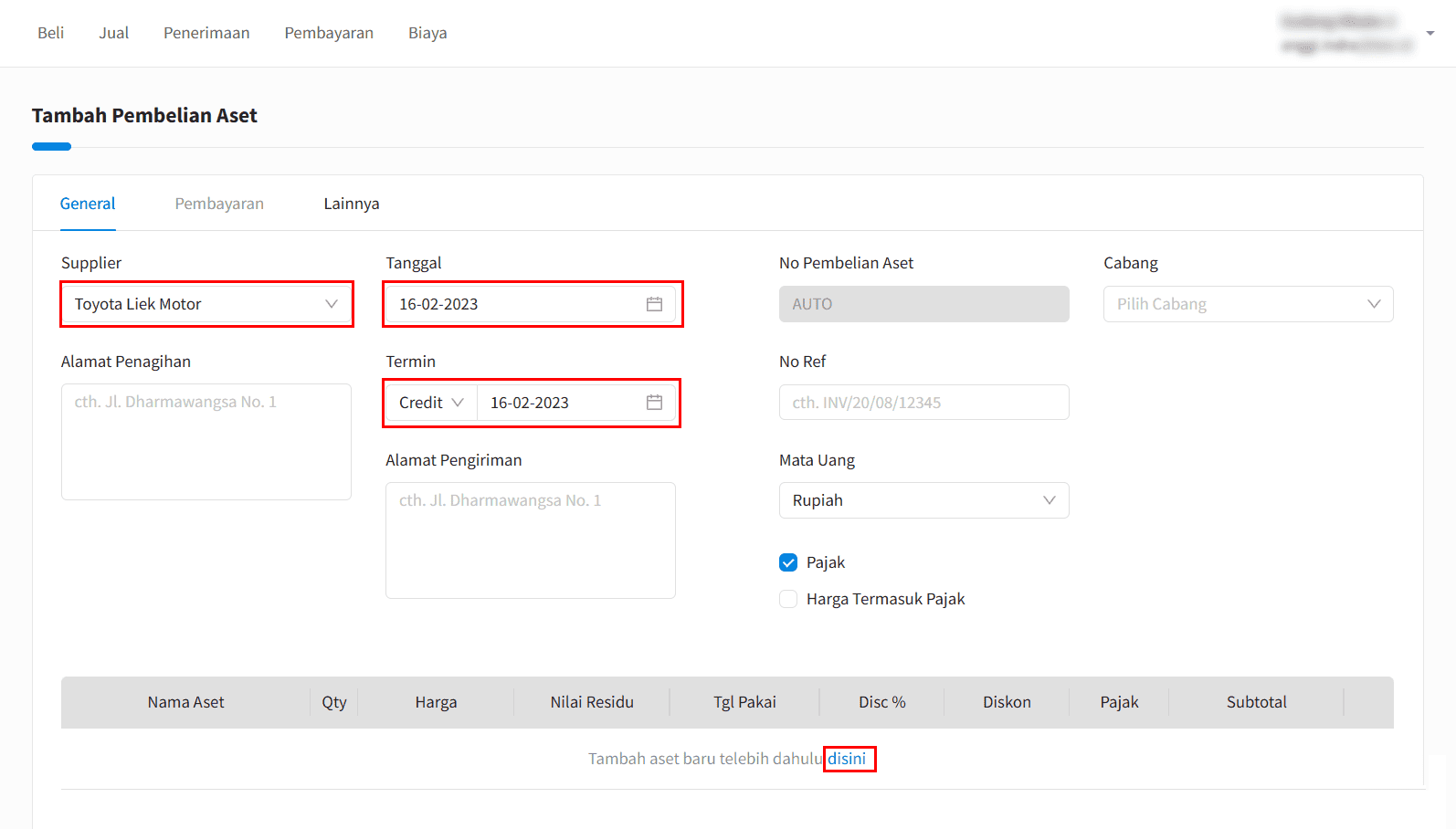 Atur Supplier Dan Termin Pembelian Harta Tetap Fix