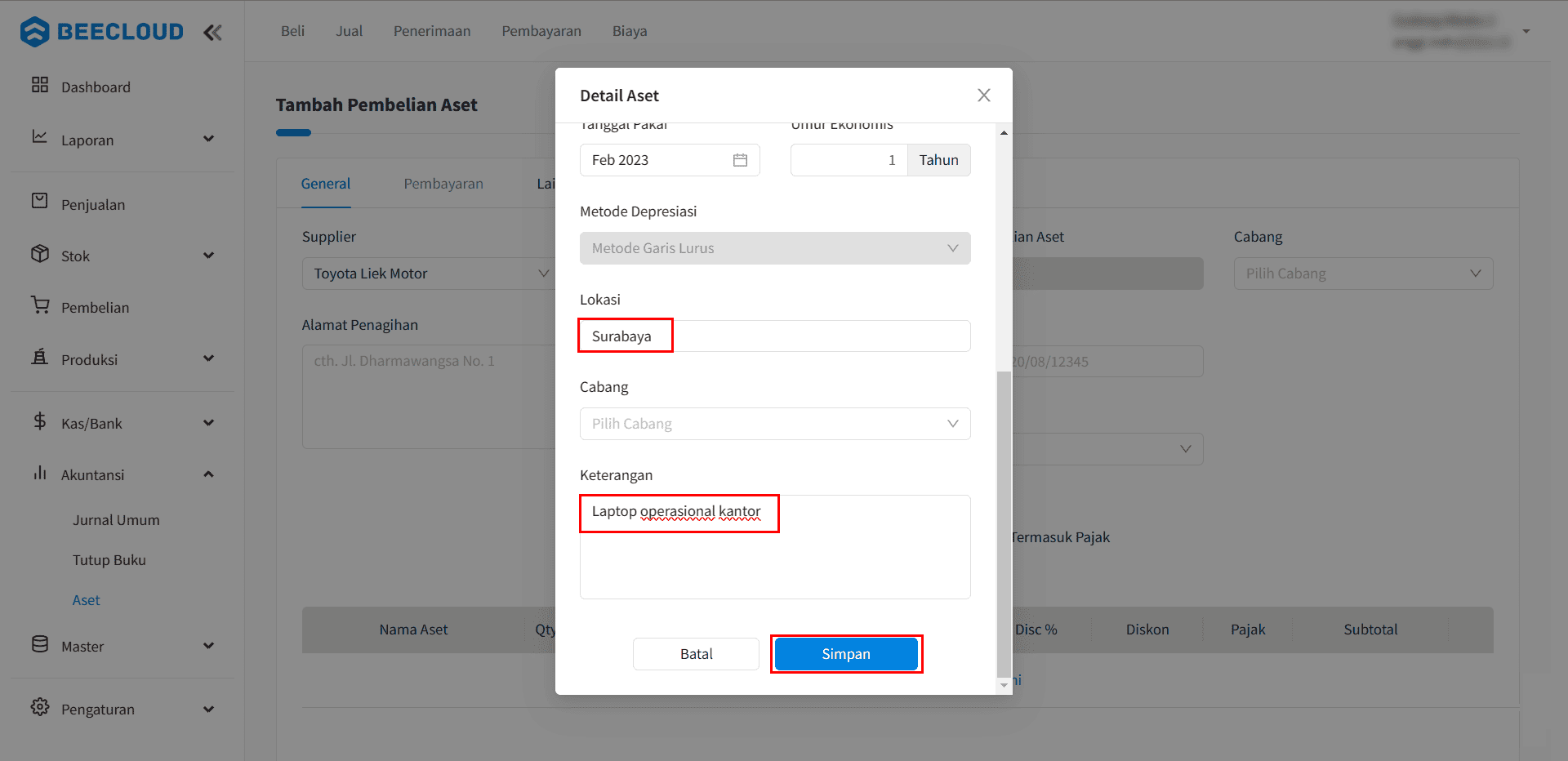 Klik Simpan Detail Aset Tetap Fix