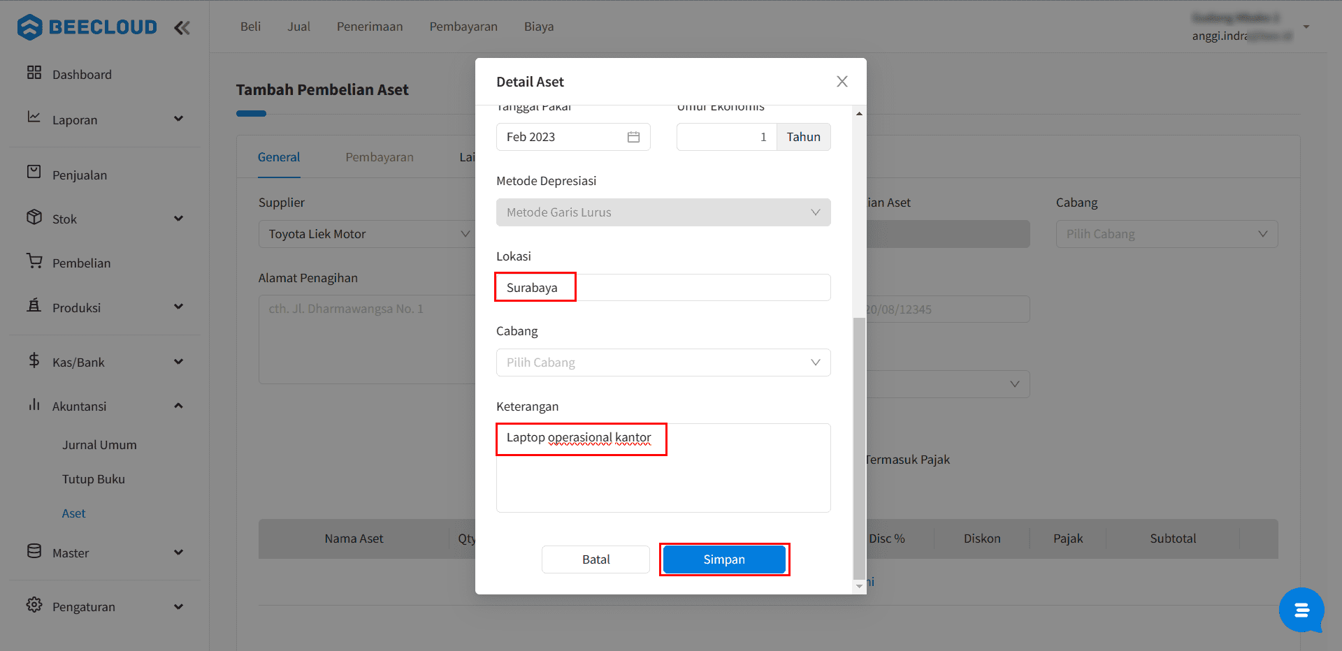 Klik Simpan Detail Aset Tetap