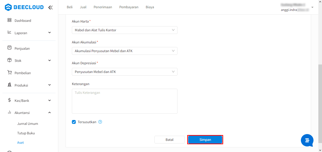 Klik Simpan Kelompok Aset Tetap