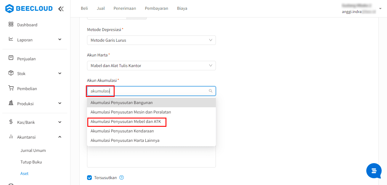 Pilih Akun Akumulasi Penyusutan