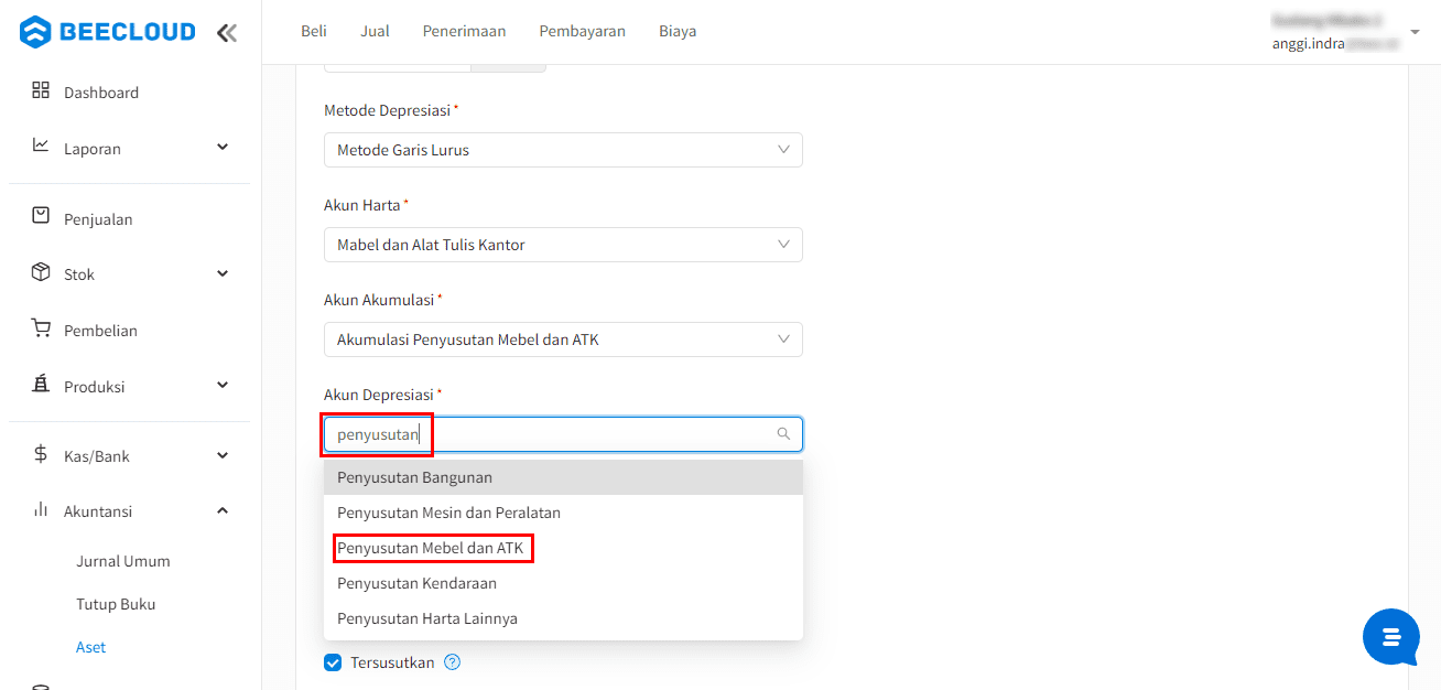 Pilih Akun Penyusutan