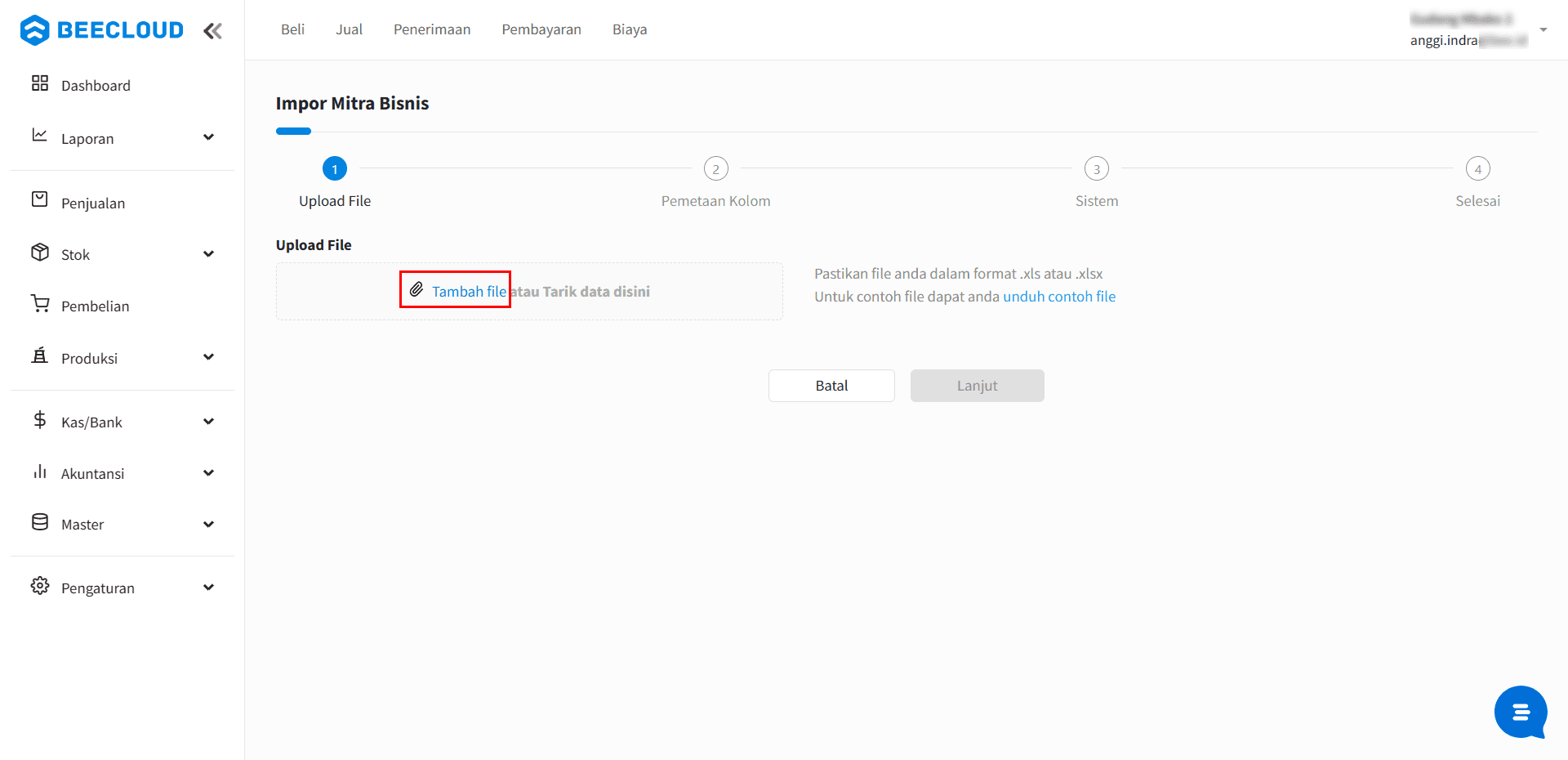 Upload Template Excel Impor Mitra Bisnis