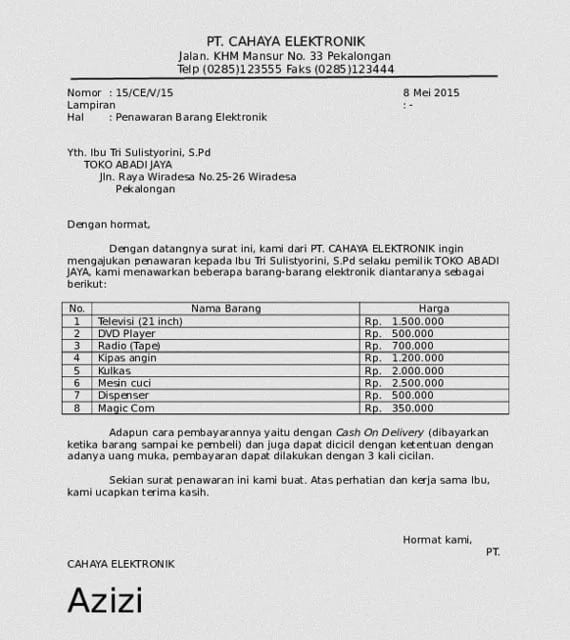 Salah Satu Surat Penawaran Barang Elektronik