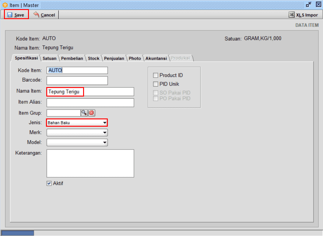 Buat Master Item Bahan Baku