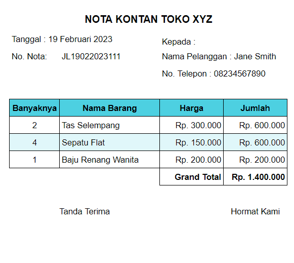 Contoh Nota Kontan