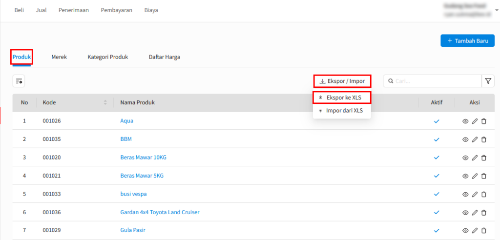 Ekspor Excel Master Produk Beecloud 3.0