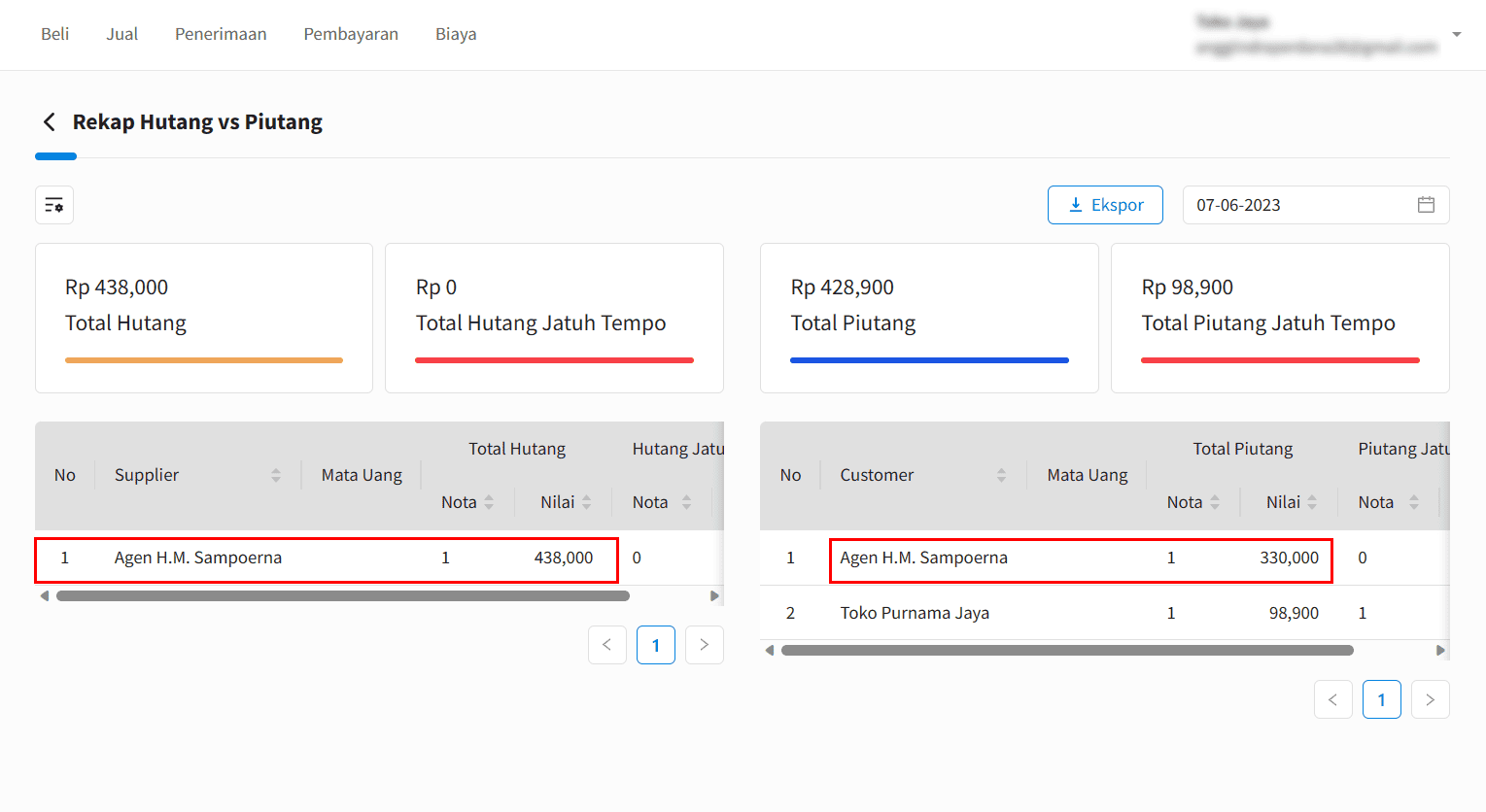 Laporan Rekap Hutang Vs Piutang