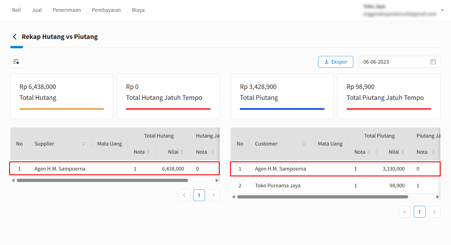 Tampilan Laporan Rekap Hutang Vs Piutang
