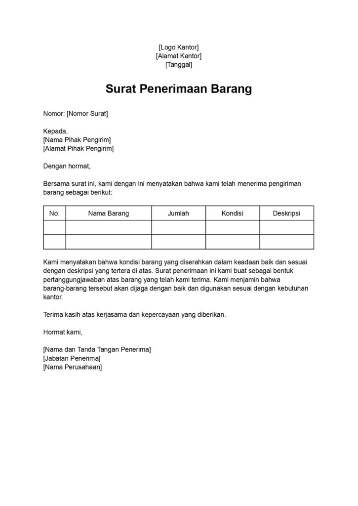 Contoh Surat serah terima barang Untuk Kantor