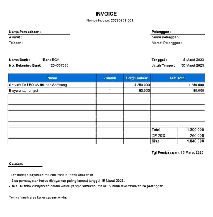 Contoh Template Down Payment 750