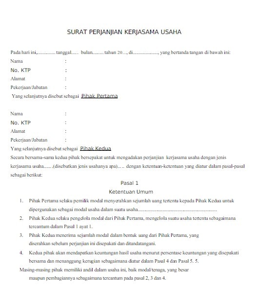 Contoh Surat Perjanjian Kerjasama Usaha