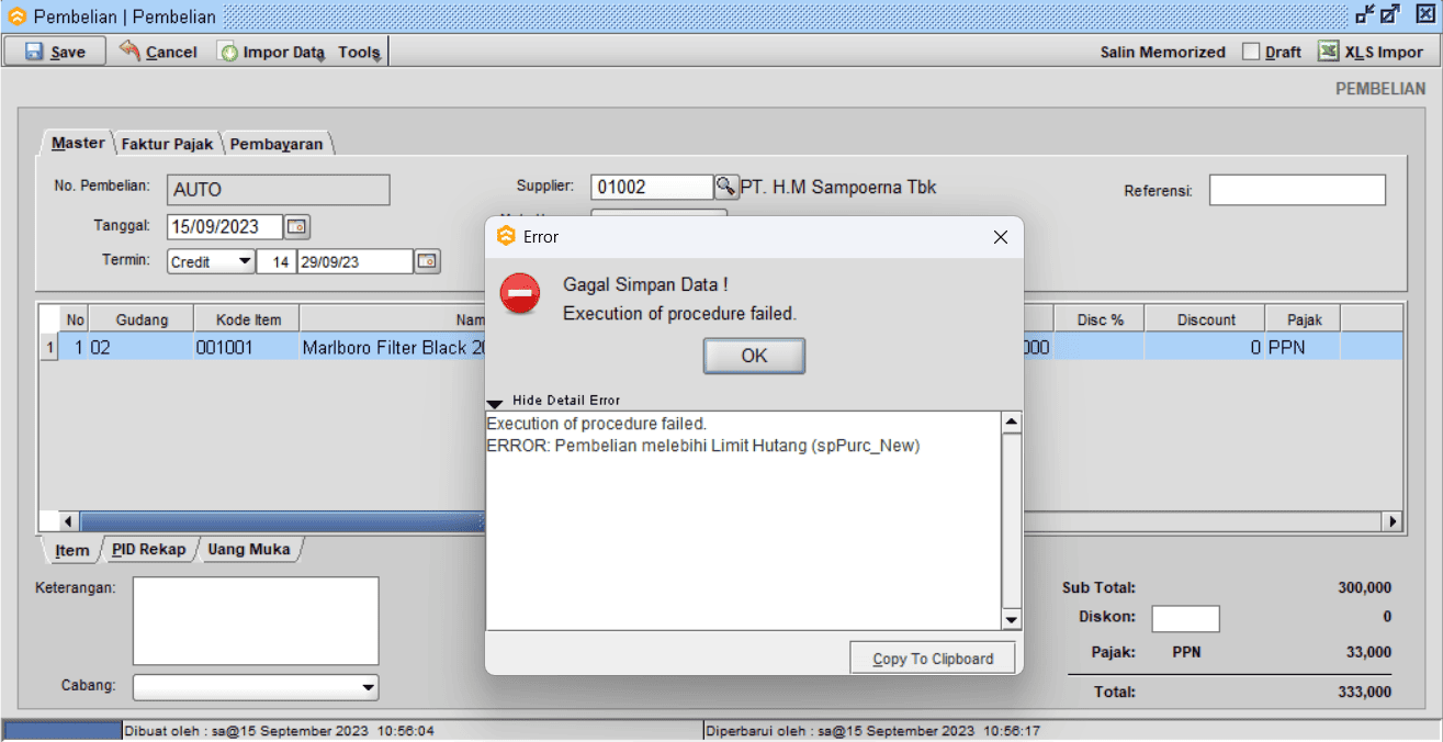 Error Melebihi Limit Hutang