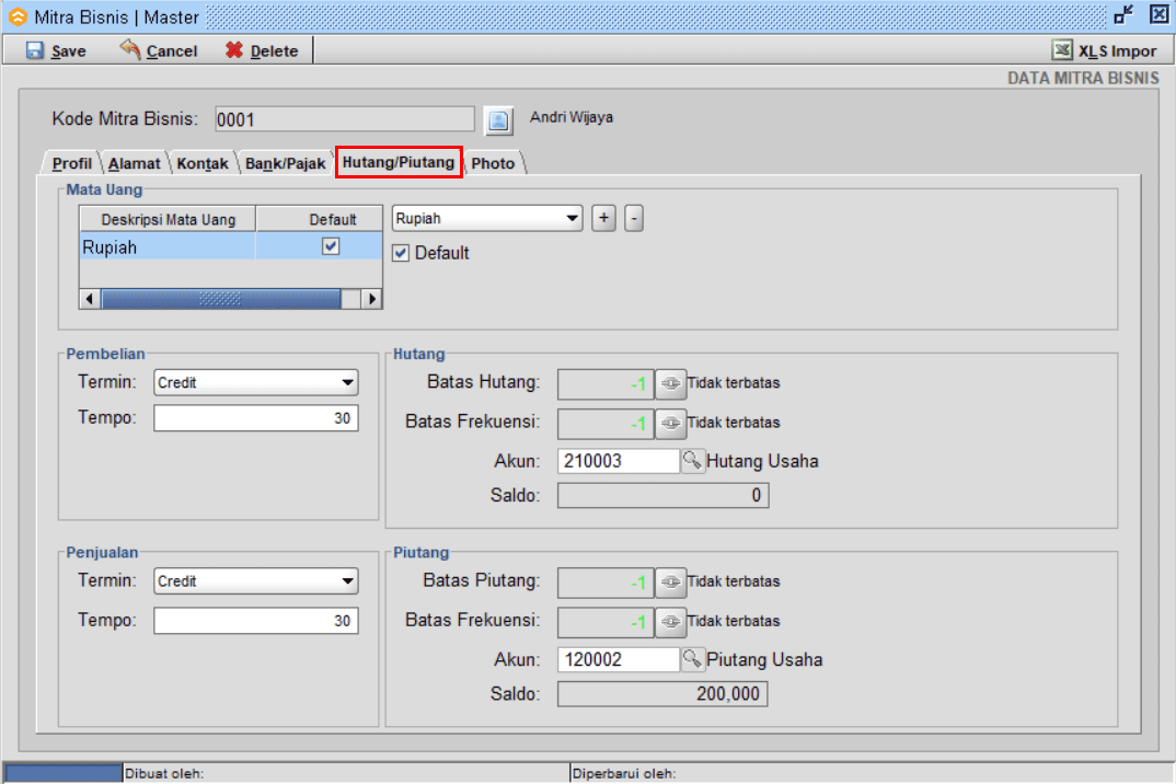 Klik Tab Hutang Piutang Customer