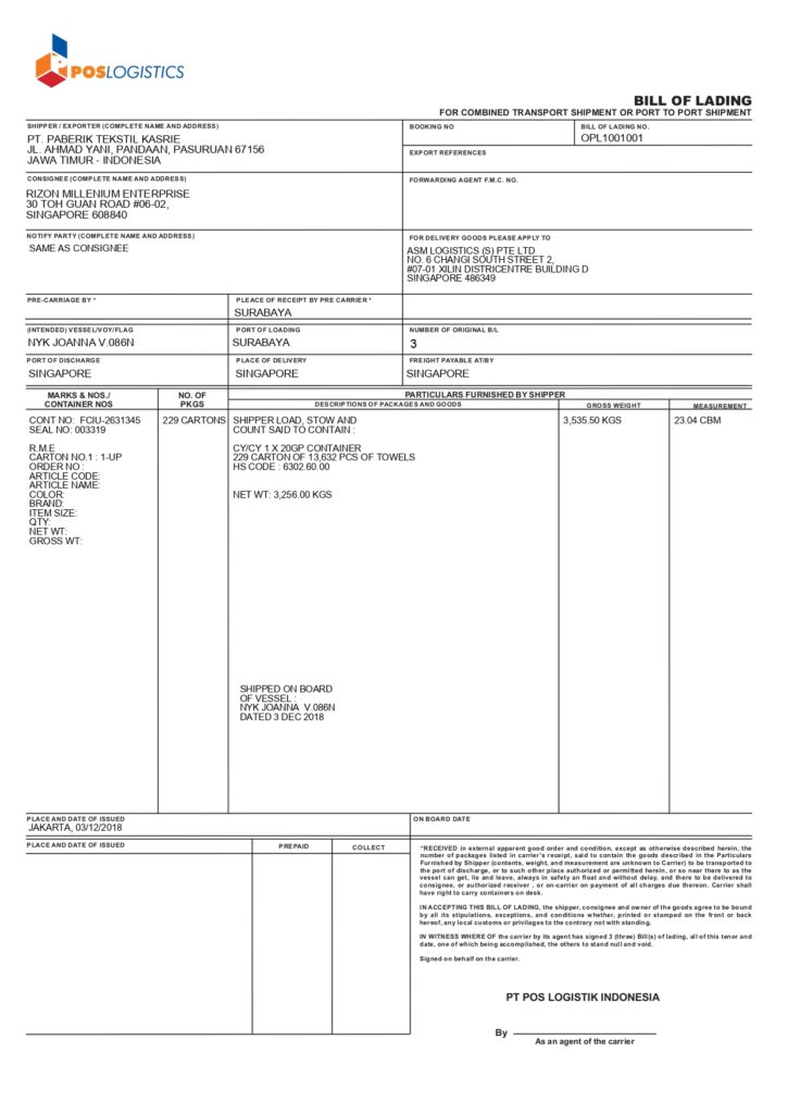 Contoh Bill Of Lading (2)