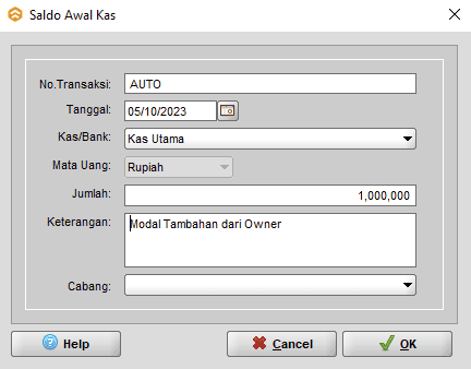 Input Modal Tambahan modal di menu kas/bank