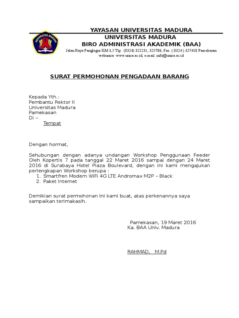 Contoh Surat Pengajuan Perlengkapan Workshop