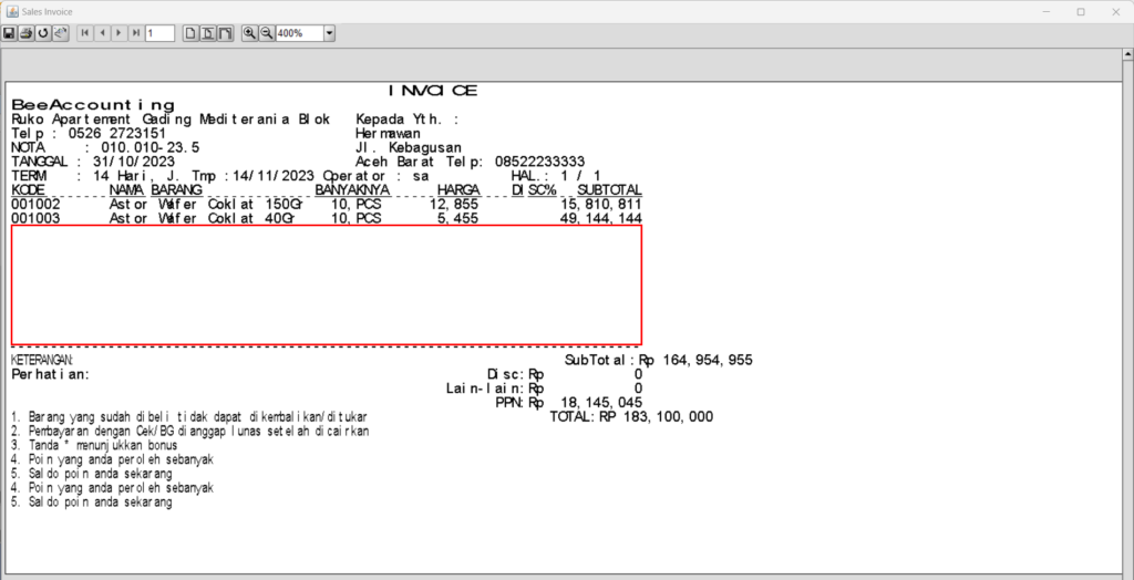 Mengubah Jumlah Baris Nota (Text Report) Beeaccounting