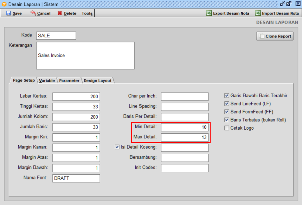 Mengubah Jumlah Baris Nota (Text Report) Beeaccounting