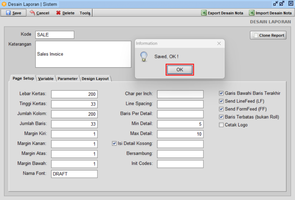 Mengubah Jumlah Baris Nota (Text Report) Beeaccounting