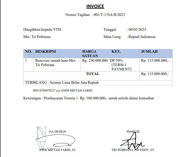 Contoh invoice pembayaran dengan termin