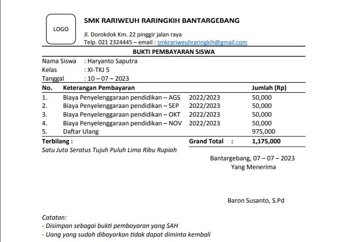 Cotoh Invoice Pembayaran Sekolah