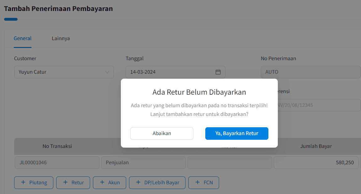 Update Maret 2024 Dialog Potong Retur Saat Pelunasan