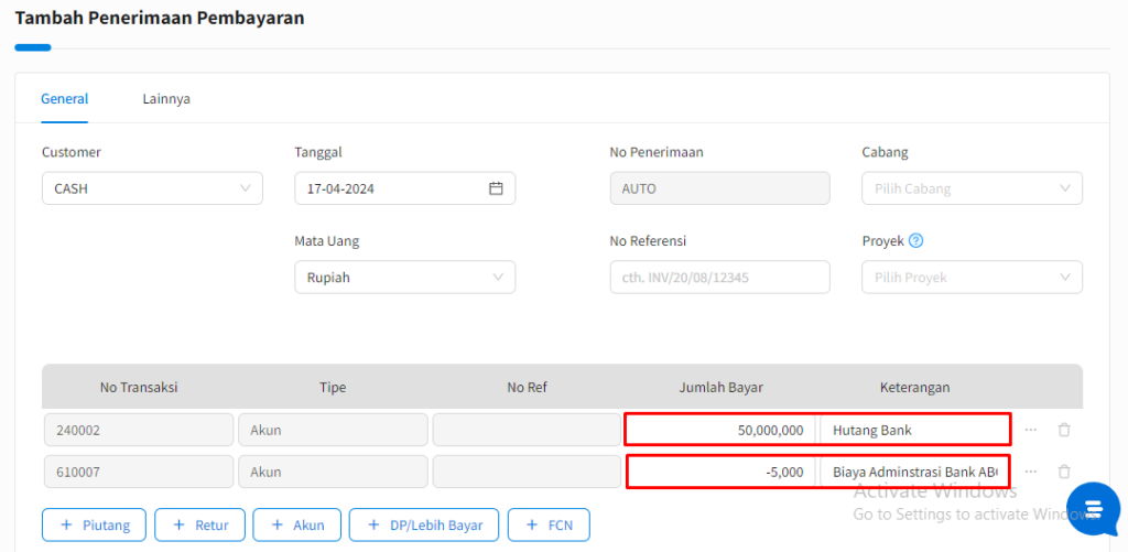 Penerimaan Hutang dipotong Biaya Admin Beecloud 3.0