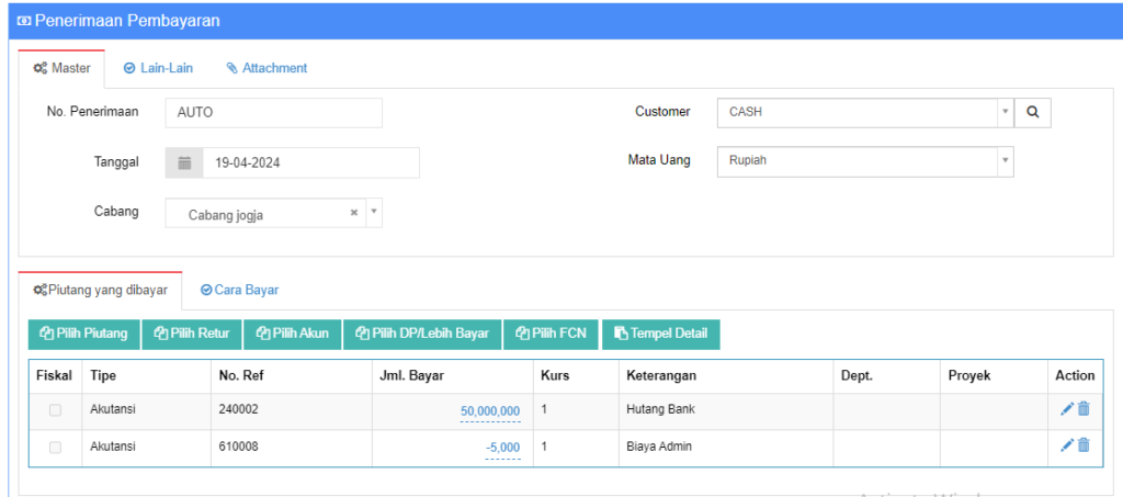 Penerimaan Hutang dipotong Biaya Admin Beecloud