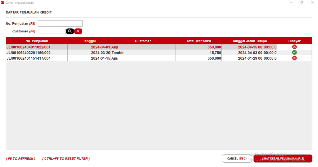 Daftar Transaksi, Void dan Reprint Transaksi Penjualan Kredit Beepos Desktop