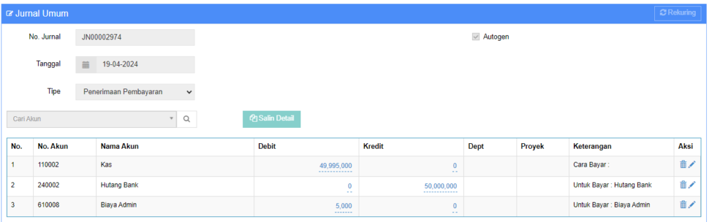 Penerimaan Hutang dipotong Biaya Admin Beecloud