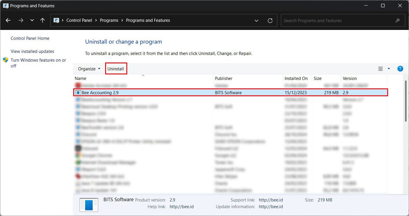 Pilih Program Beeaccounting Dan Uninstall