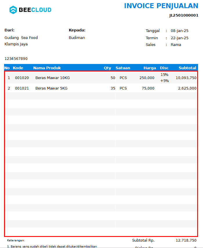 Preview jumlah baris default nota Beecloud 3.0